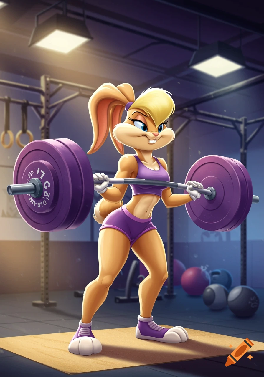 A cartoon rabbit character, Lola Bunny, in a purple workout outfit, lifts a heavy barbell with purple weights in a gym.