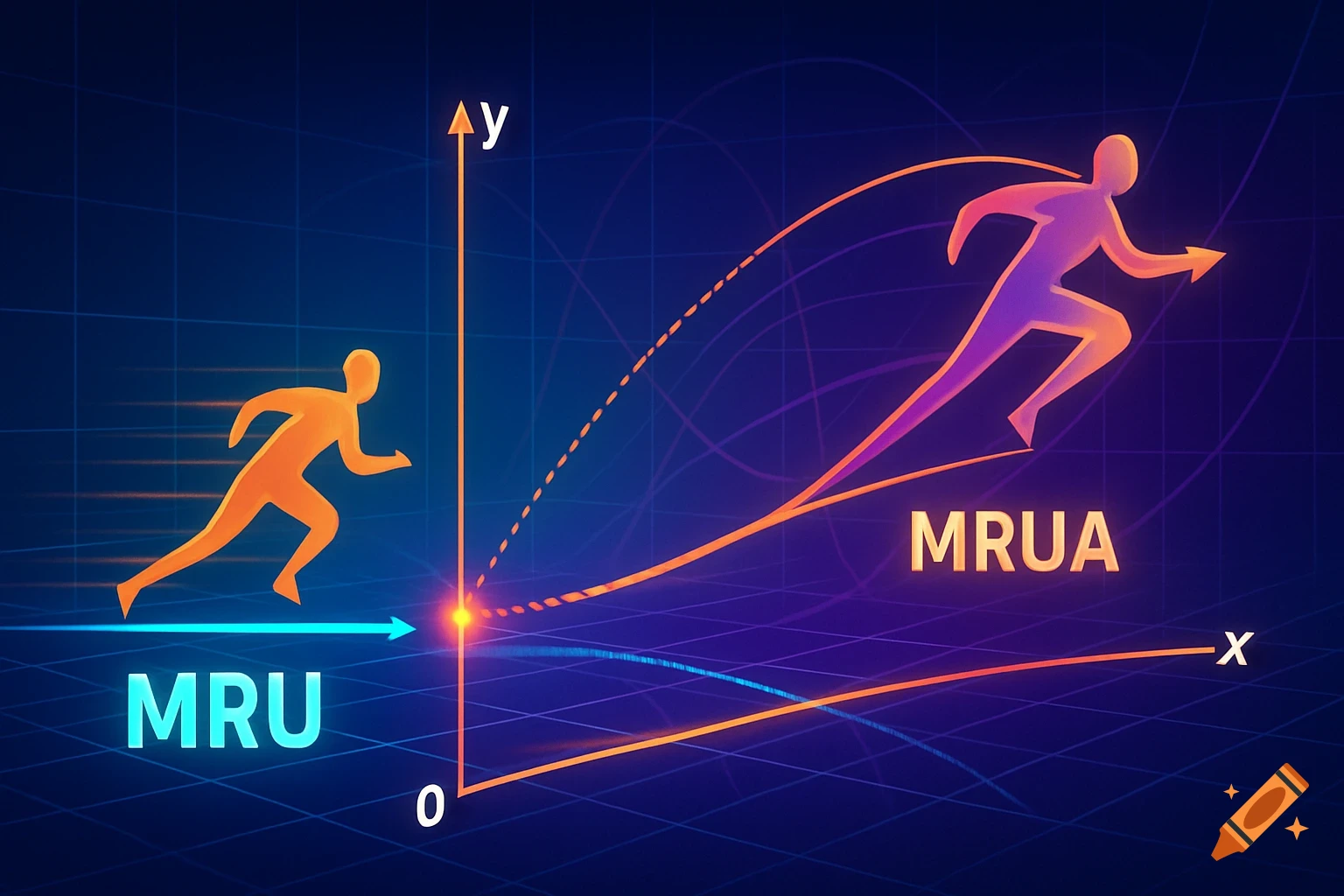 Stylized illustration of two running figures on a grid with a coordinate system, representing MRU and MRUA concepts in physics.