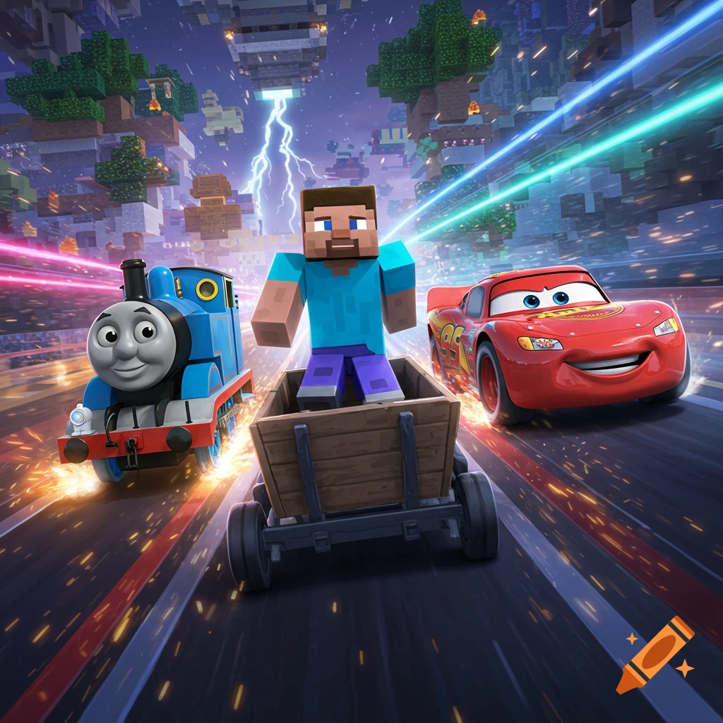 Minecraft's Steve in a minecart races alongside Thomas the Tank Engine and Lightning McQueen in a vibrant, blocky world with lightning and speed effects.