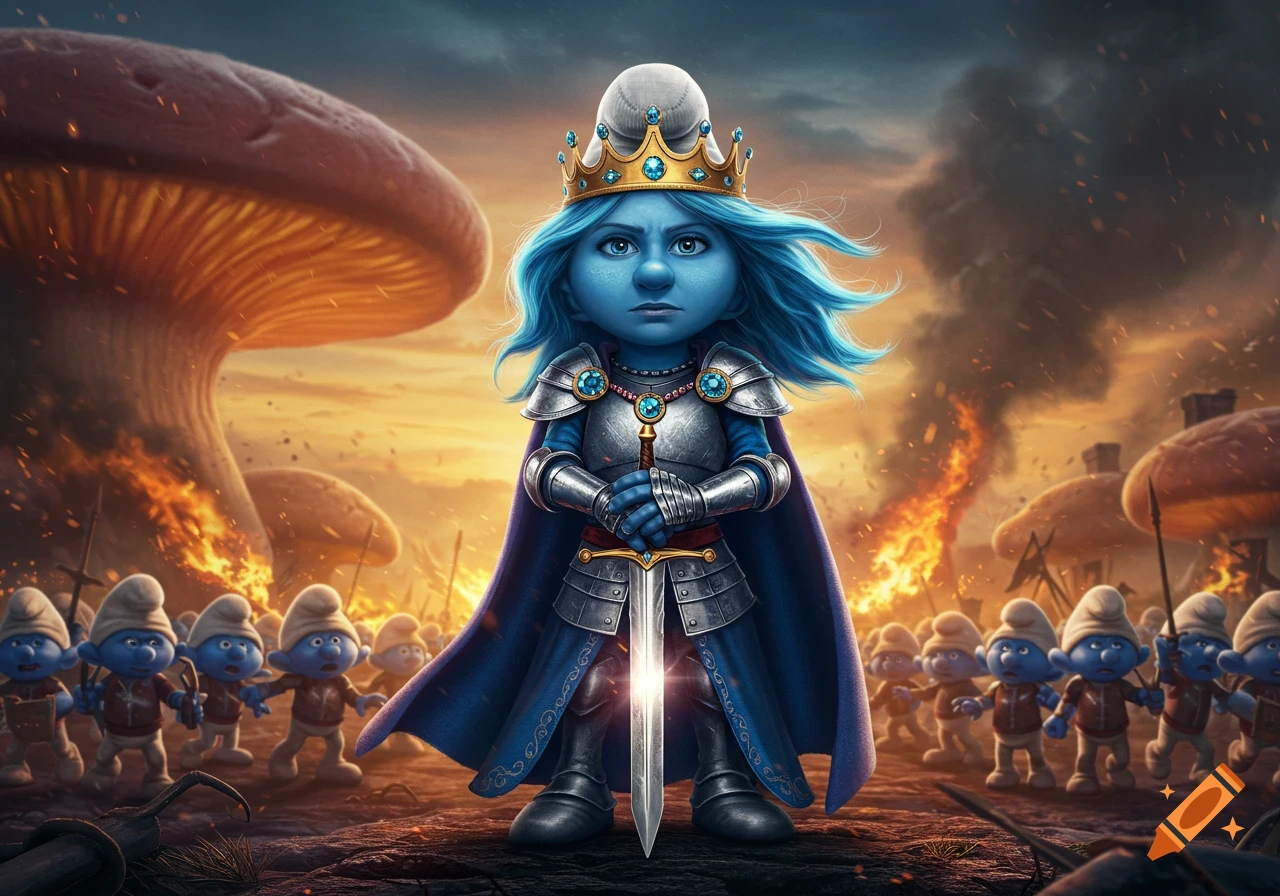 A blue-skinned female warrior with blue hair and a crown, wearing silver armor and holding a sword, stands on a fiery battlefield with an army of Smurf-like figures and burning mushroom houses in the background.