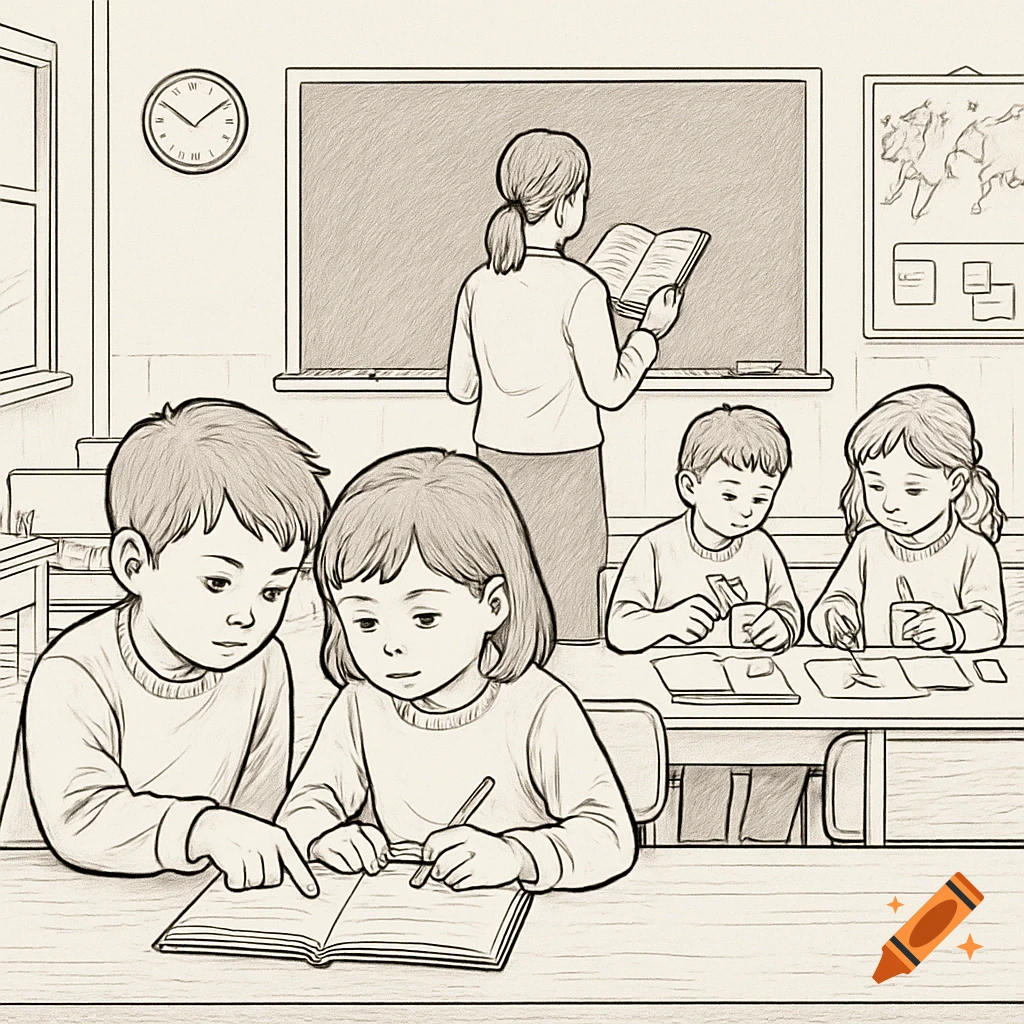 A black and white line drawing of a classroom scene. A teacher stands ...