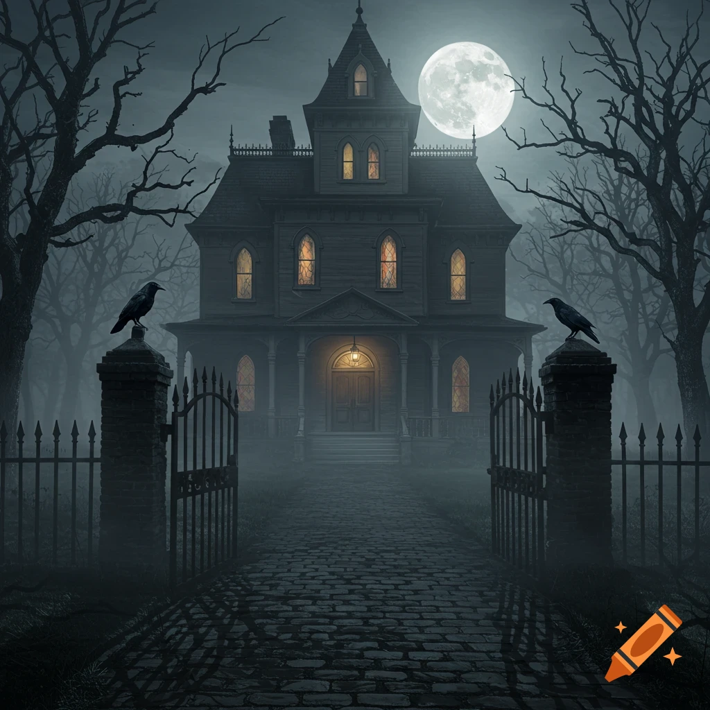 A haunted gothic mansion at night, shrouded in mist, with bare trees, a full moon, and ravens perched on gate pillars.