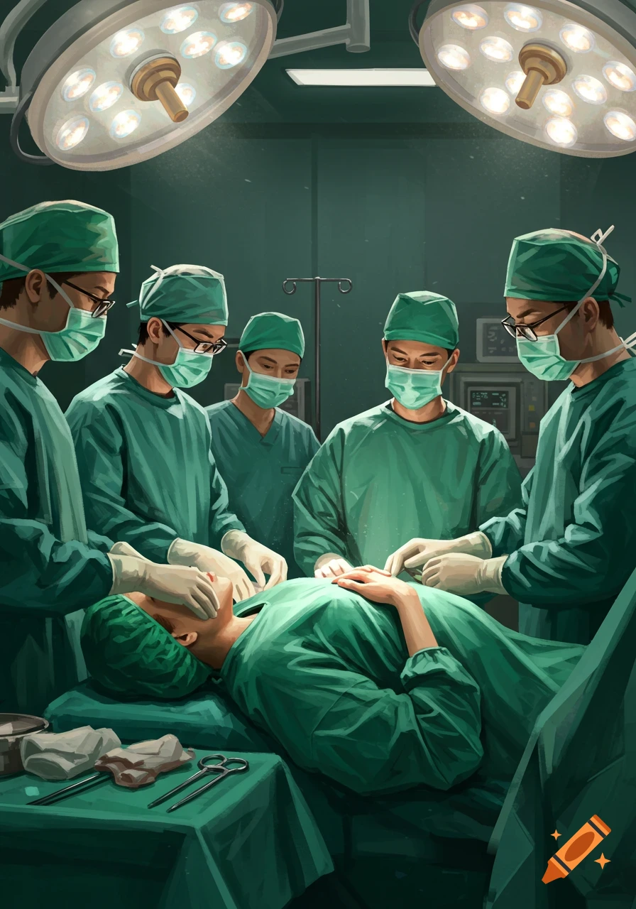 Illustrated scene of multiple surgeons in green scrubs and masks performing an operation on a patient in an operating room.
