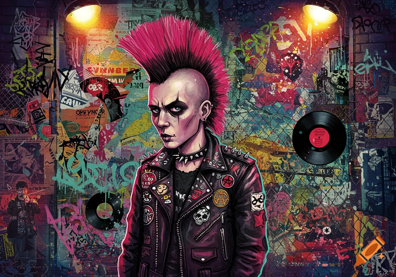 An illustration of a punk person with a bright pink mohawk and spiked jacket, standing in front of a colorful, graffiti-covered wall with street lamps and vinyl records.