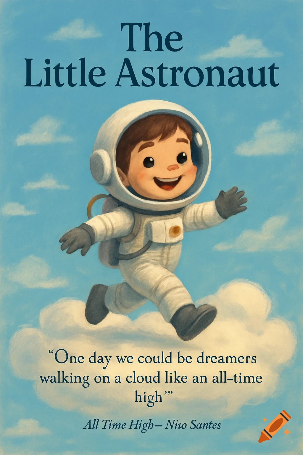 A smiling, brown-haired cartoon boy in a white astronaut suit runs joyfully on a fluffy white cloud against a light blue sky with faint clouds. Text reads "The Little Astronaut" at the top, and a quote "One day we could be dreamers walking on a cloud like an all-time high" below.