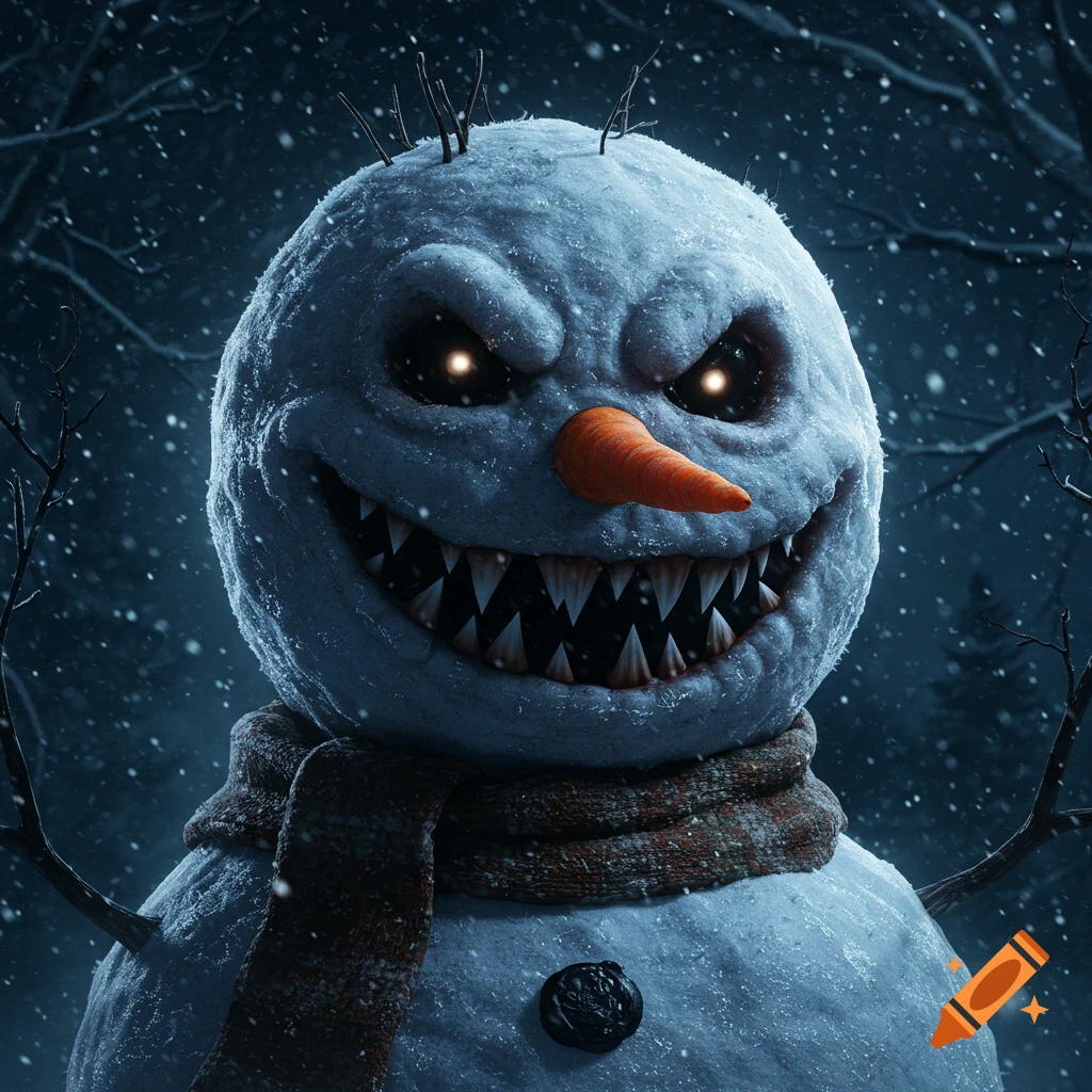 A close-up of a scary snowman with sharp teeth, glowing eyes, and a carrot nose, wearing a scarf, in a snowy, dark forest.