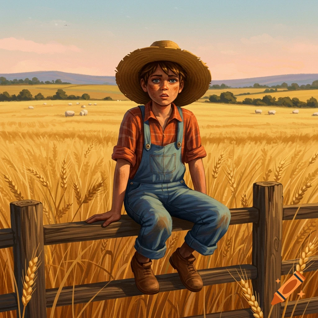 An illustration of a young boy in a straw hat and overalls sitting on a wooden fence in a golden wheat field.
