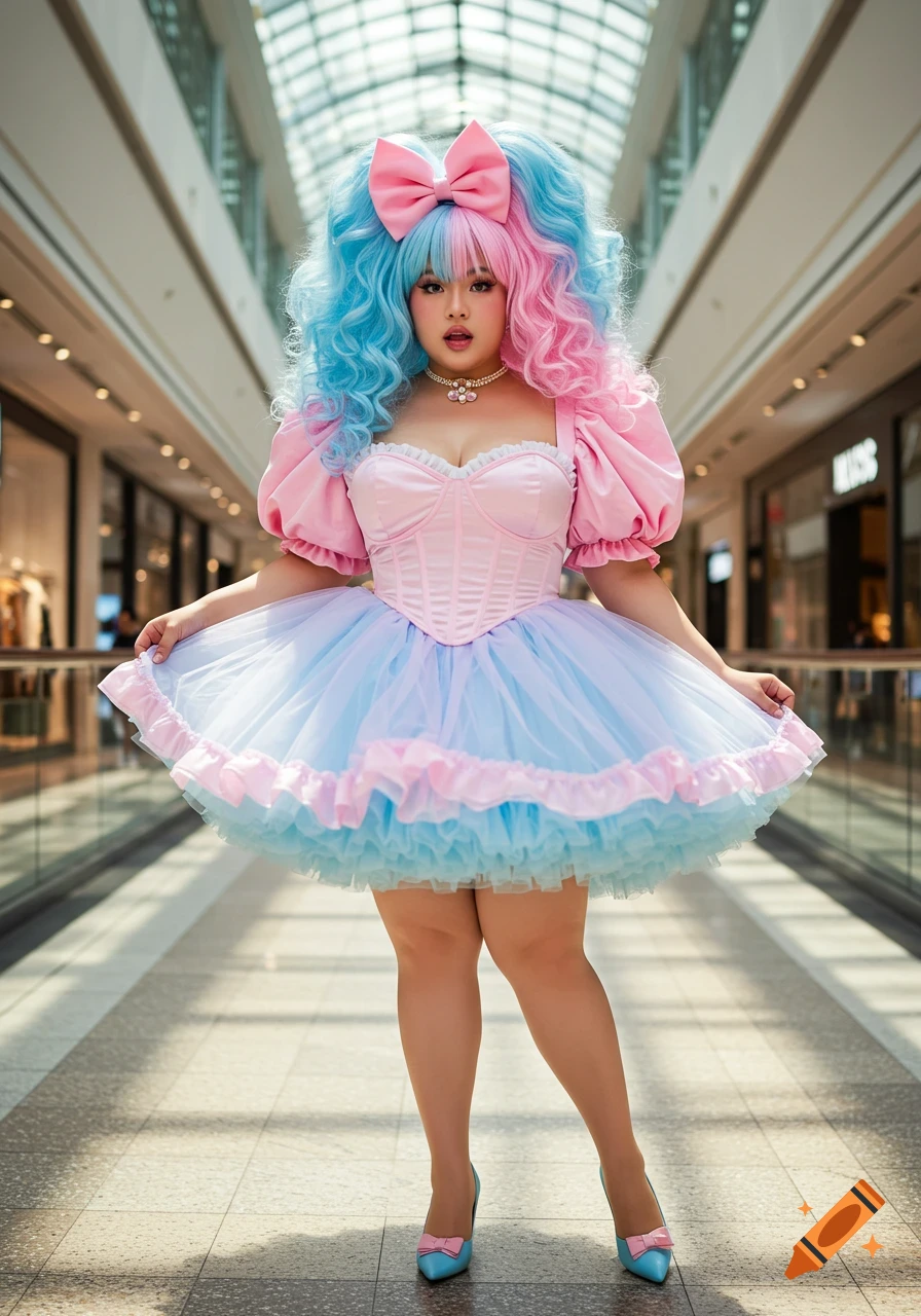 A full-body portrait of a woman with large pink and blue hair, a pink bow, a pink corset top, and a blue and pink ruffled skirt, standing in a mall.