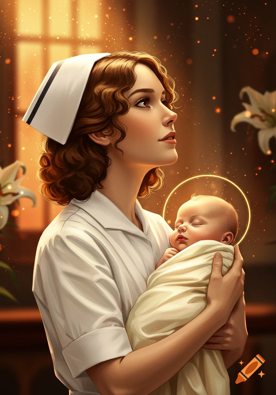 A detailed illustration of a vintage-style nurse holding a sleeping infant with a halo, reminiscent of religious art.