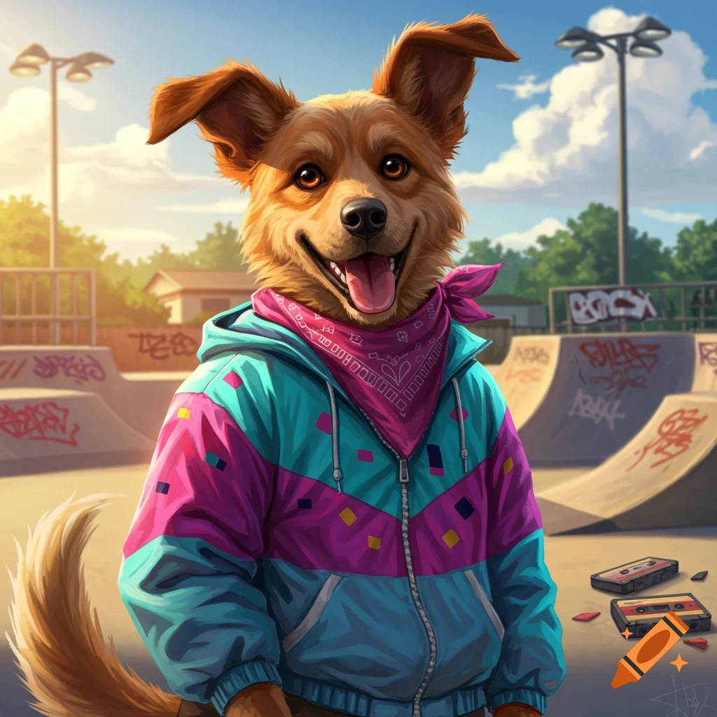 A smiling anthropomorphic dog in a vibrant 90s jacket and bandana stands in a sunny skate park.