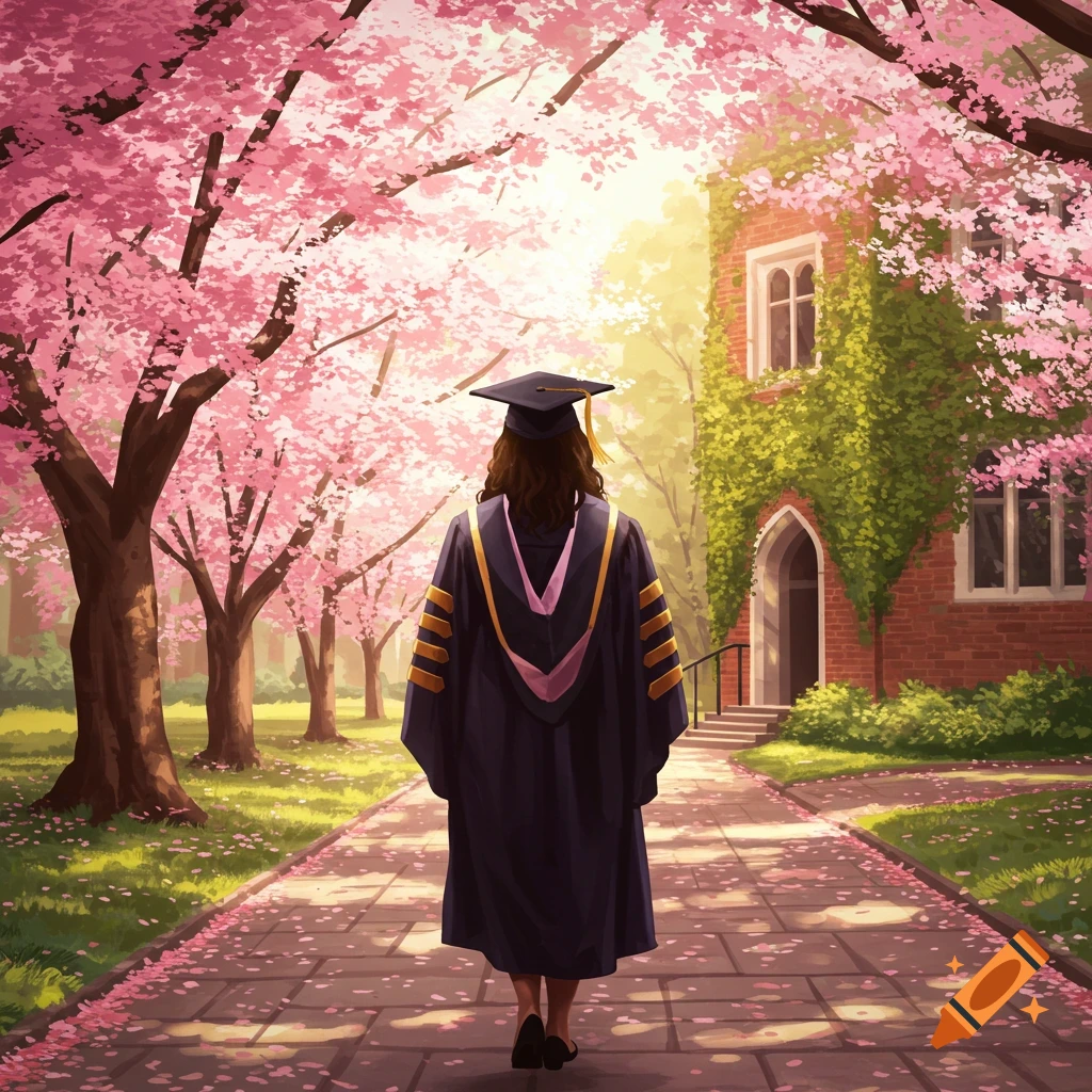 A person in a graduation gown walks away down a path lined with pink cherry blossom trees towards a brick building. Stylized illustration.