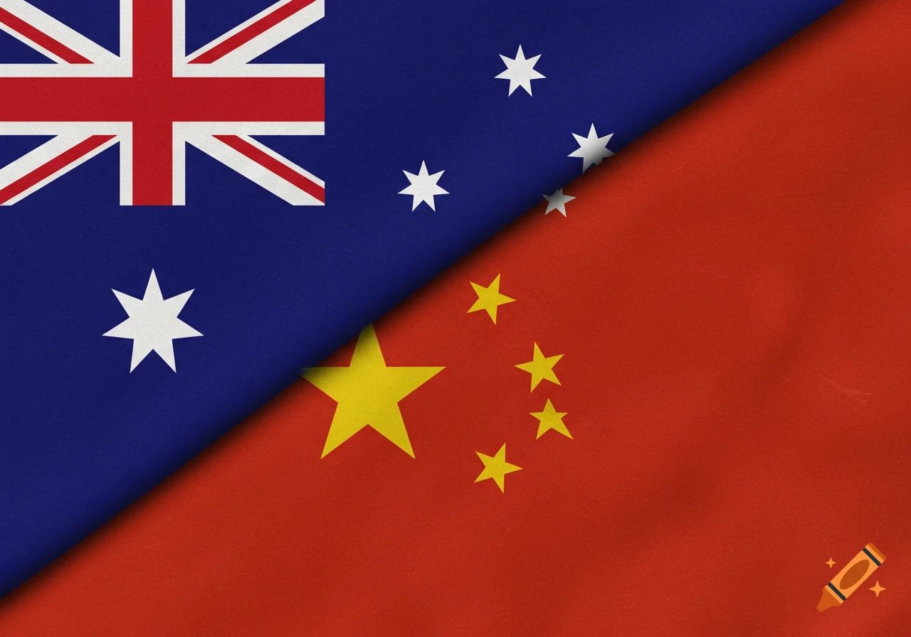 The flags of Australia and China are combined diagonally, with the Australian flag in the top-left and the Chinese flag in the bottom-right.