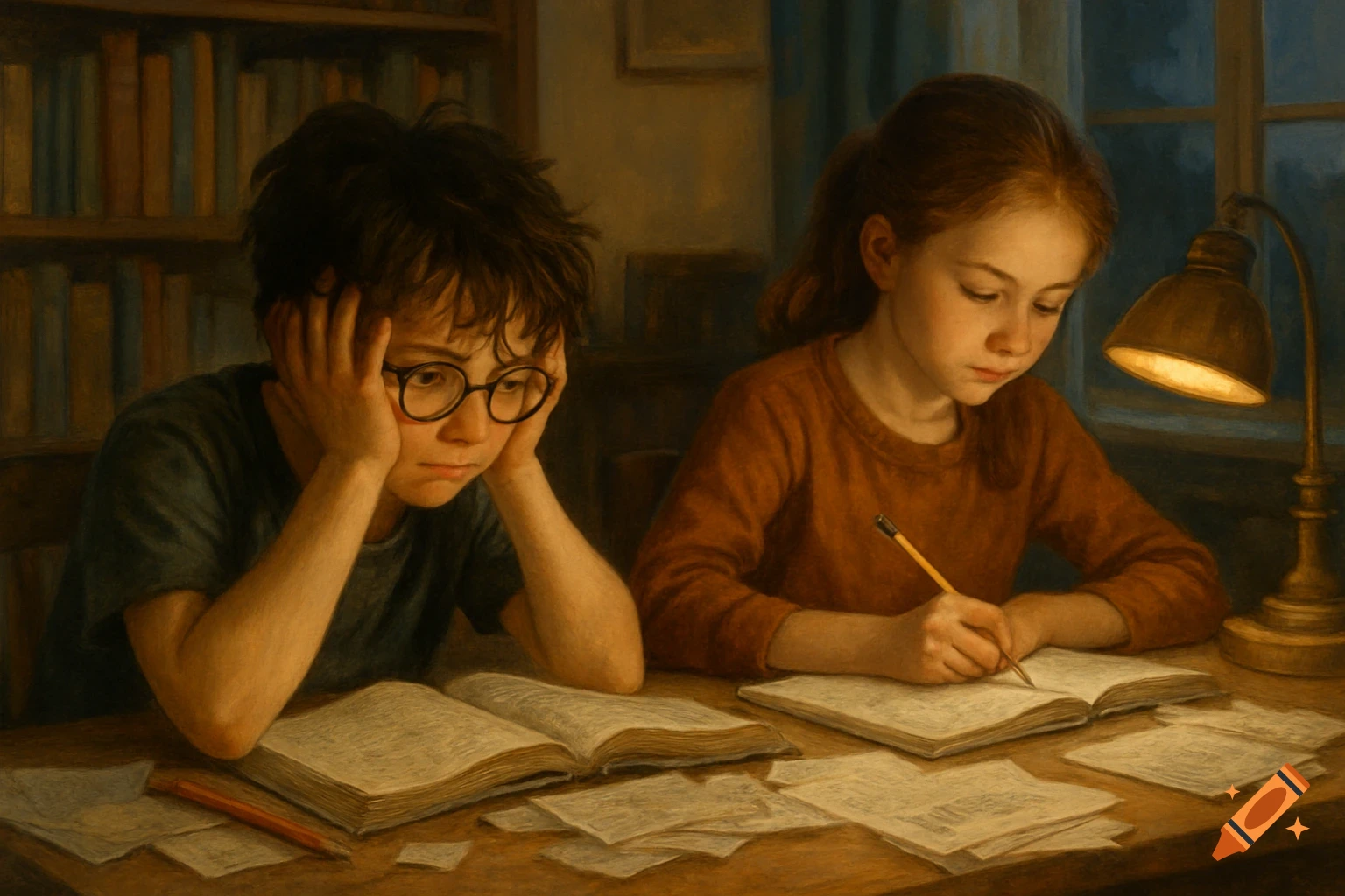 Two children, a boy and a girl, study at a wooden desk under a lamp, surrounded by books and papers in a painterly style. The boy looks frustrated, while the girl writes.