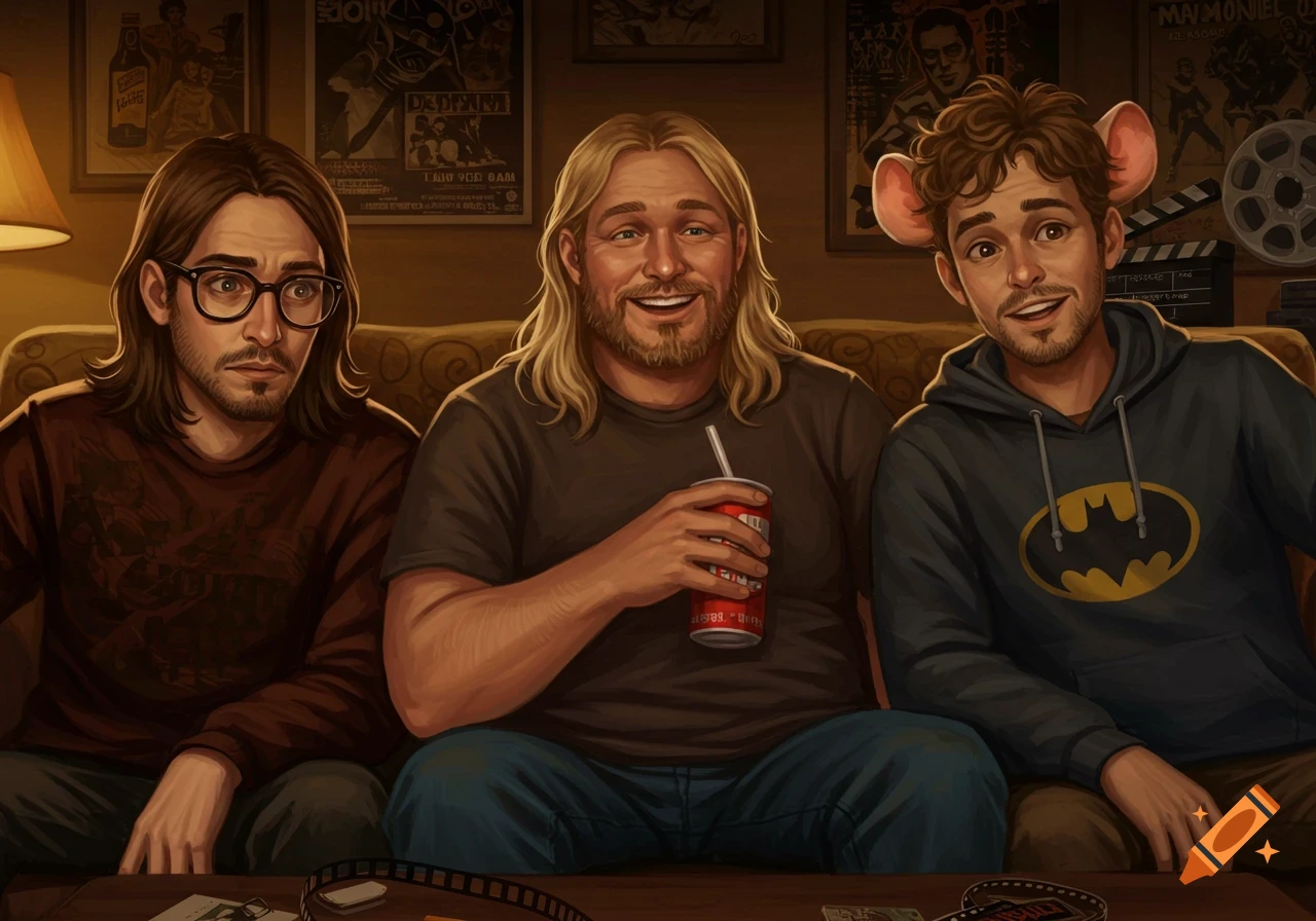 Illustration of three men on a couch: one in glasses, one with blonde hair holding a soda, and one with mouse ears and a Batman hoodie.