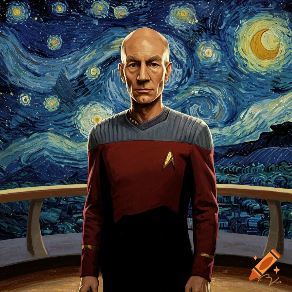 Portrait of Captain Picard in a Star Trek uniform, painted in the style of Van Gogh's Starry Night.