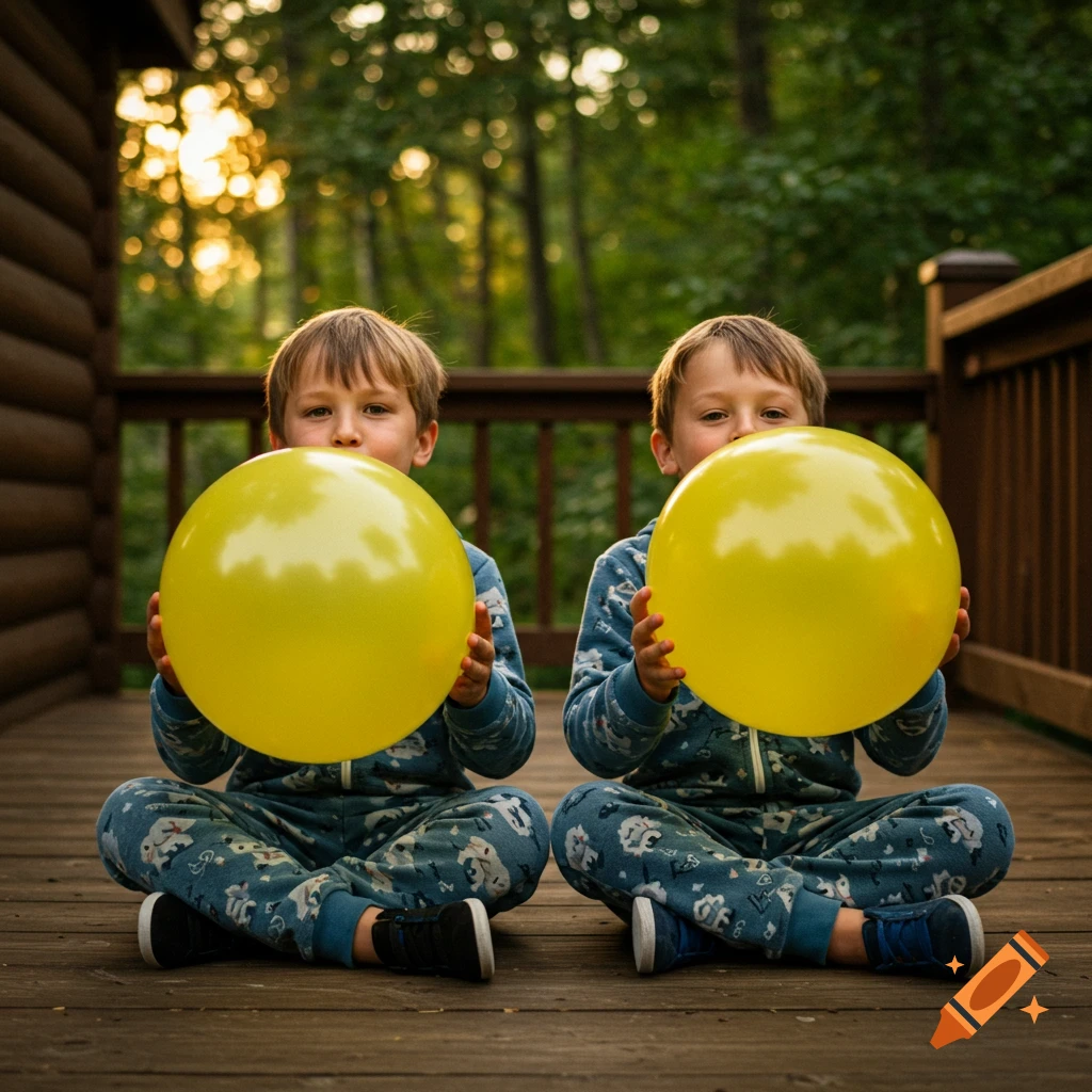 Two young boys in blue patterned pajamas sit on a wooden deck, each holding a large yellow balloon. Trees are in the soft-focus background.