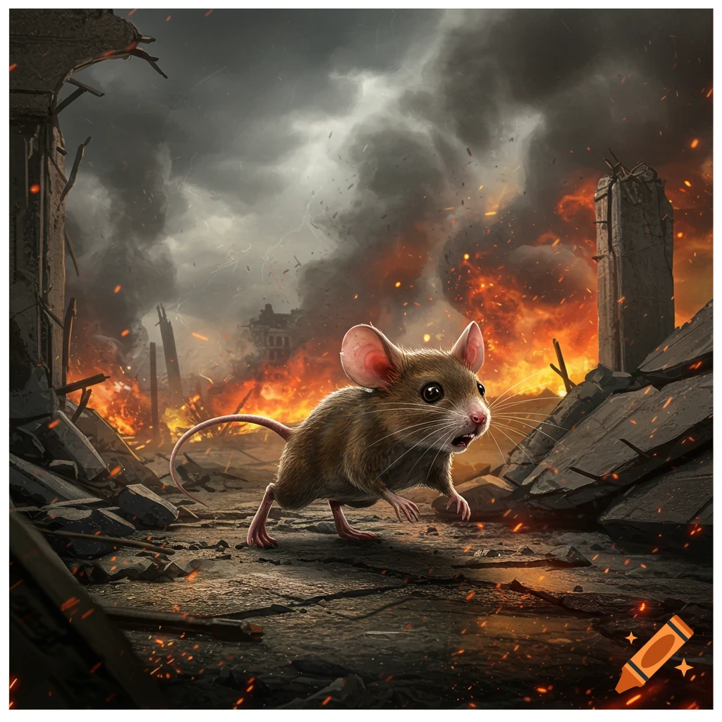 A scared mouse scurries through a burning, destroyed city with crumbling buildings and dark smoke, in a dramatic digital illustration.
