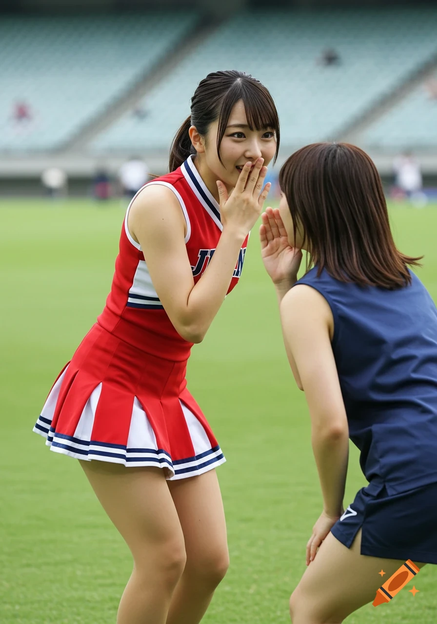 A Japanese cheerleader in a red uniform covers her mouth, looking at a teammate who leans in as if whispering on a stadium field.