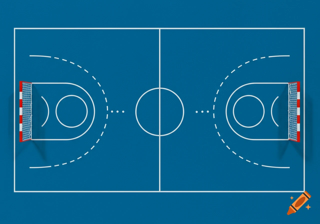 Overhead view of a blue handball court with white lines, goal areas, and two red and white striped goals. Stylized illustration.