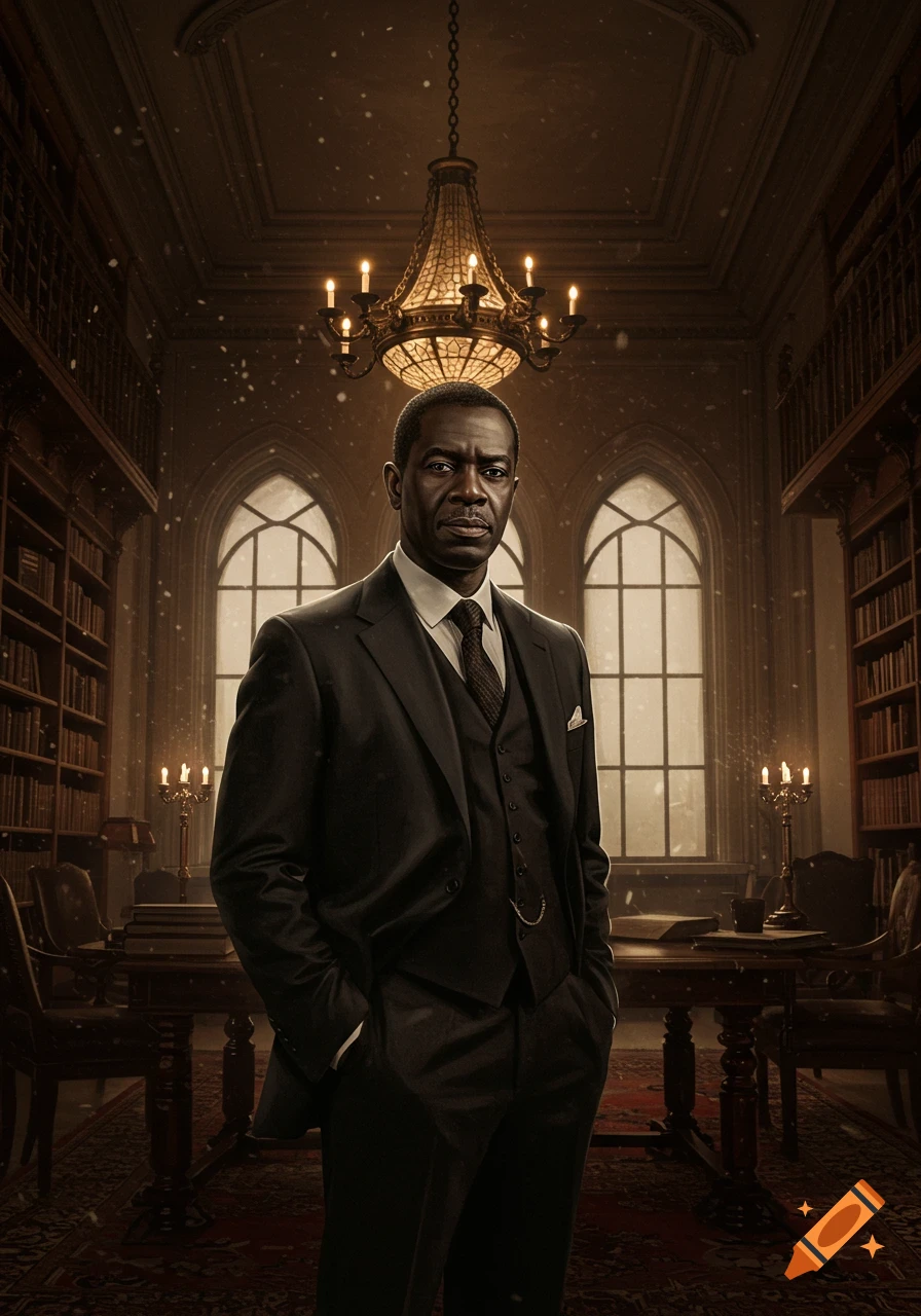 Photorealistic portrait of a man in a dark suit standing in a grand, dimly lit library with a chandelier and large arched windows.