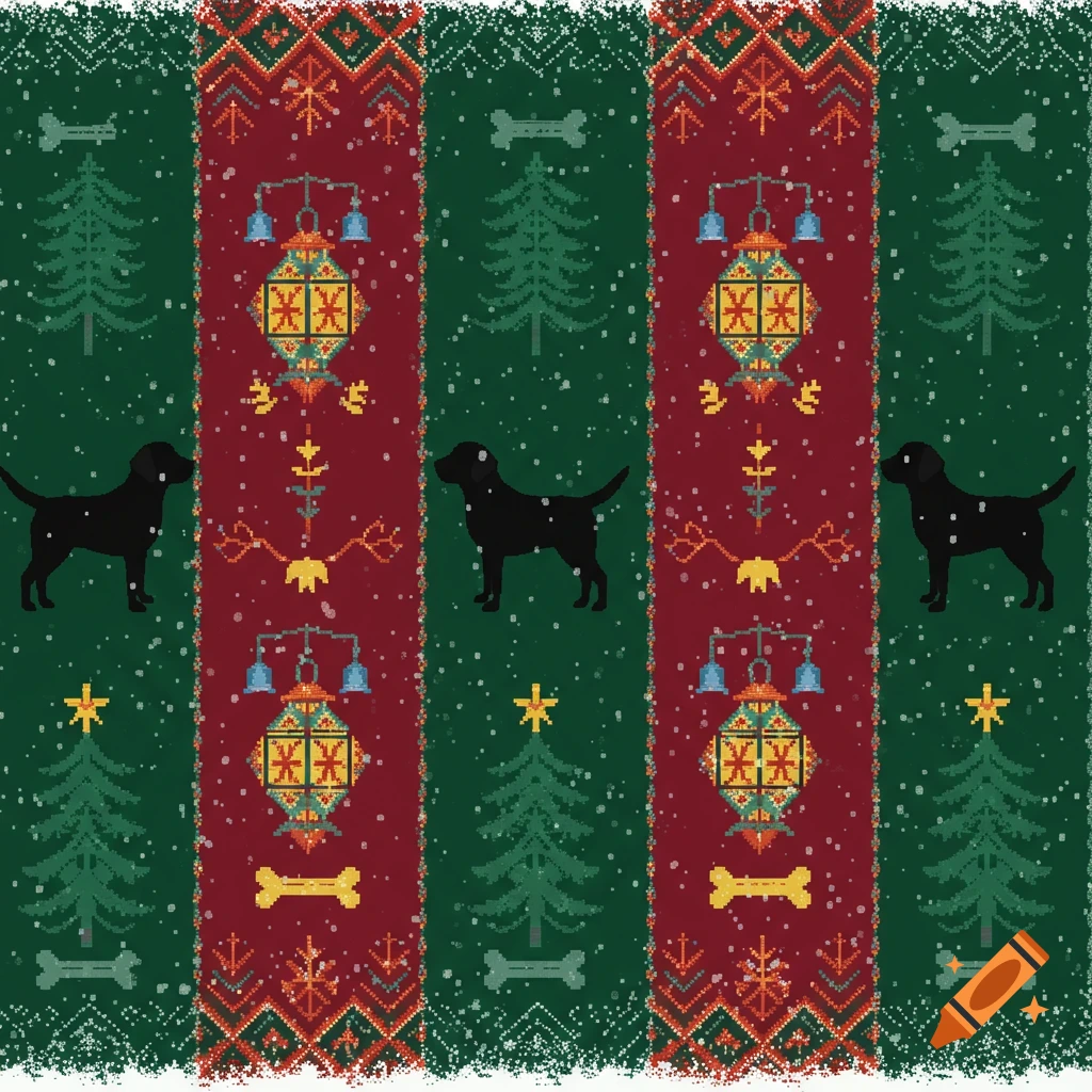 Pixel art repeating Christmas pattern with black Labrador silhouettes, bones, green trees, and festive lanterns on red and green stripes with snow.