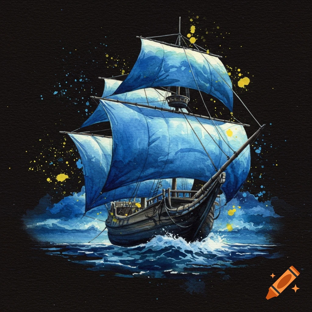 Watercolor painting of a caravel with blue sails on dark waters, against a black background with yellow and blue paint splatters.