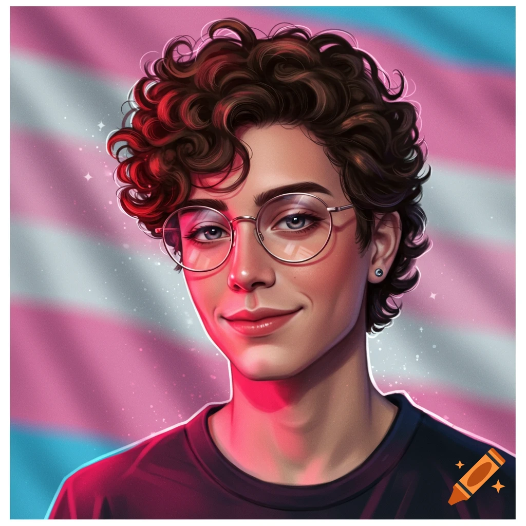 Digital portrait of a smiling young person with curly brown hair and glasses, against a blurred transgender pride flag.