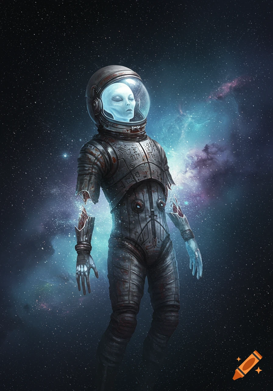 A pale blue alien with closed eyes in a broken, rusted spacesuit floats in space with a vibrant nebula background.