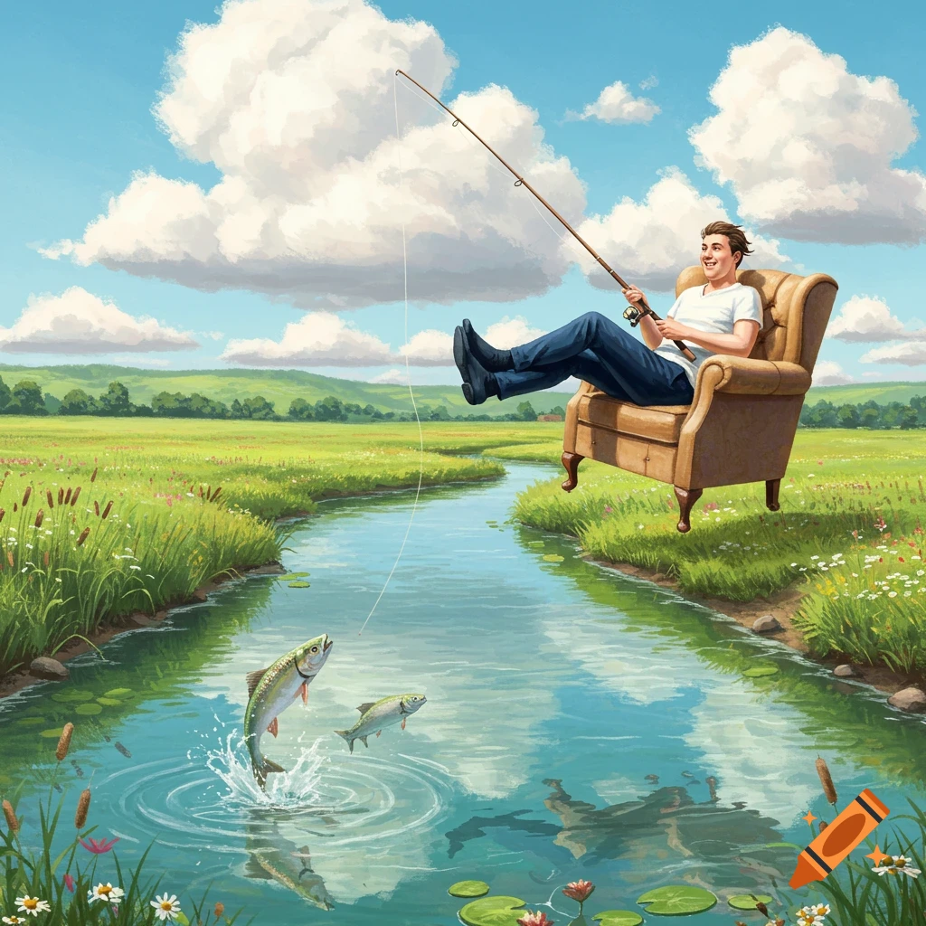 A man in a flying armchair fishes in a river with a fish jumping out of the water, set in a vibrant green landscape, illustrative style.