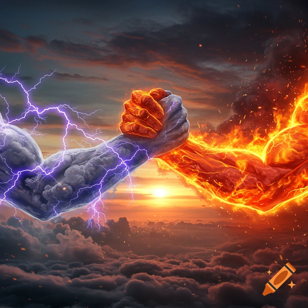 A muscular lightning cloud arm and a fiery arm arm-wrestling in a dramatic sunset sky, surrounded by electricity and flames.