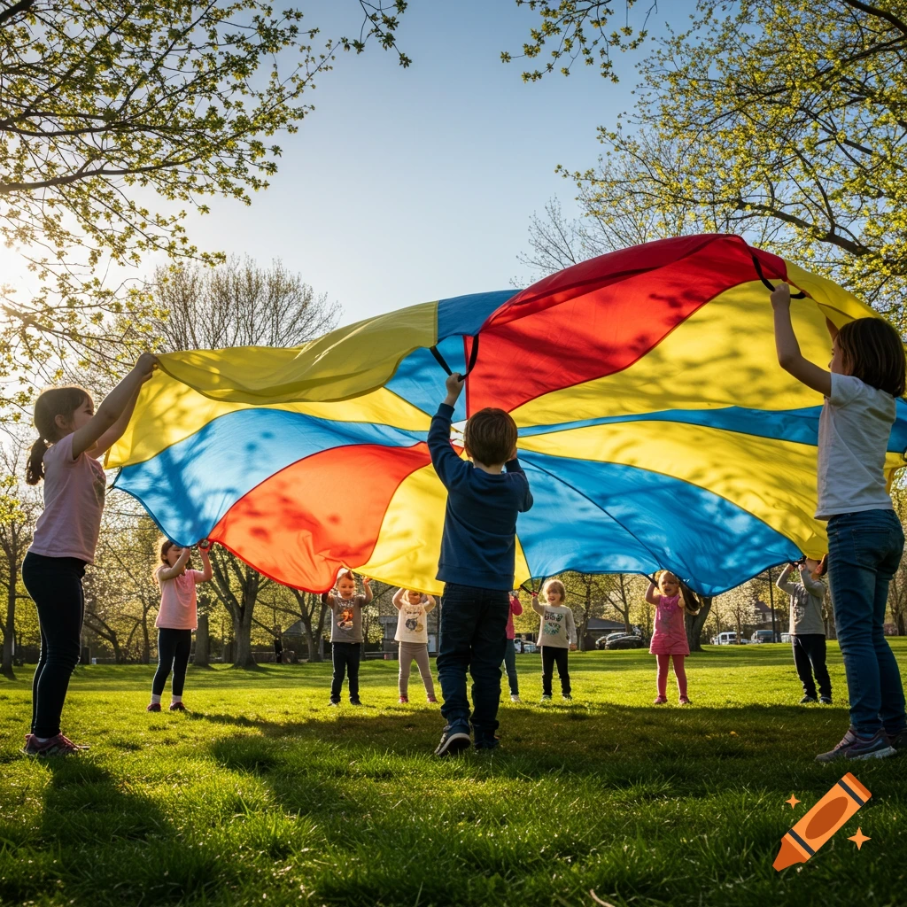 Children playing with a large, colorful parachute in a sunny park with green grass and trees.