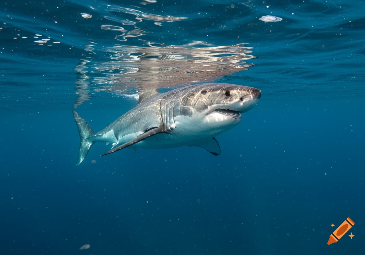 A great white shark swims just below the water's surface in clear blue ocean water.