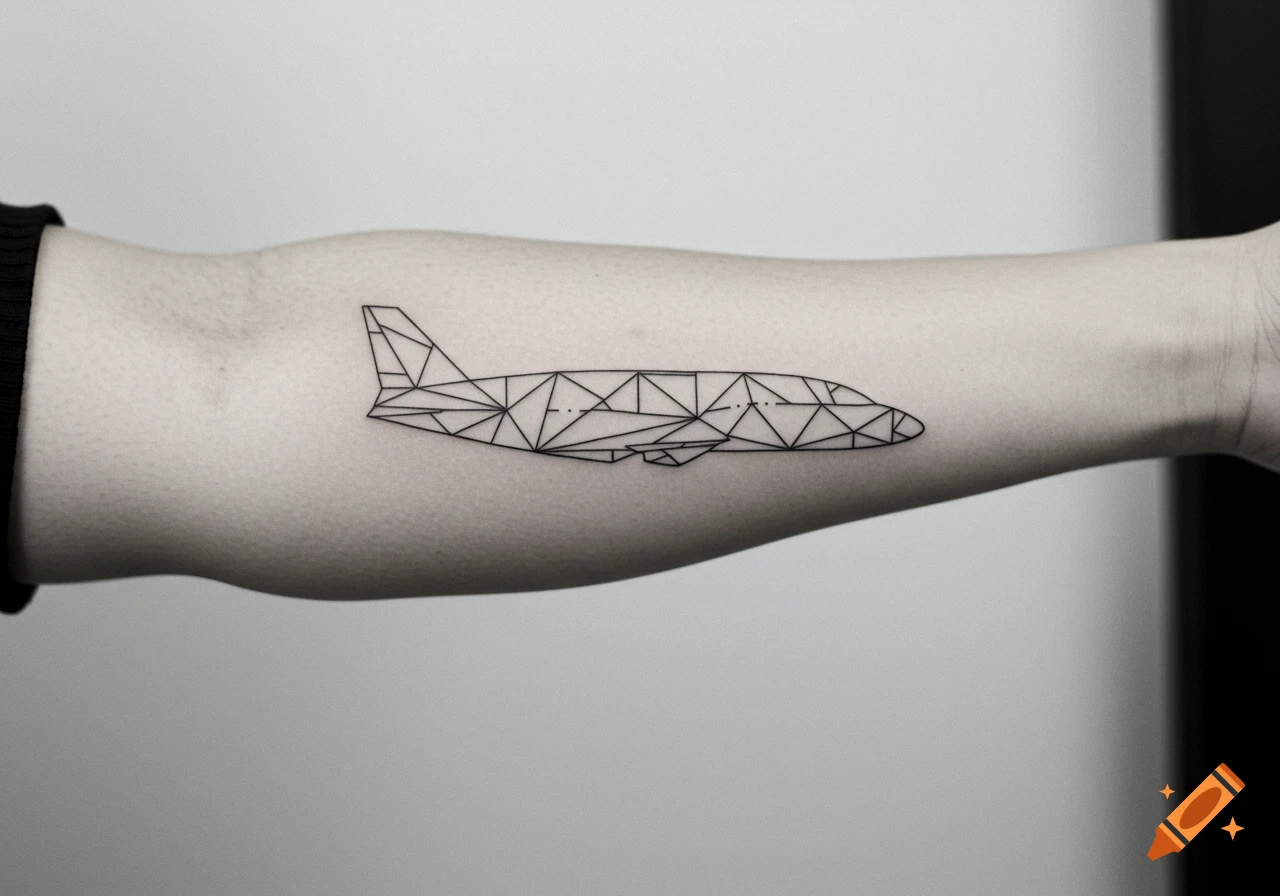 A minimalist geometric line art tattoo of an airplane on a person's arm.