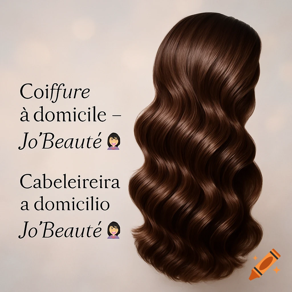 A stylized image featuring long, wavy, shiny brown hair against a light background, with promotional text in French and Portuguese on the left.