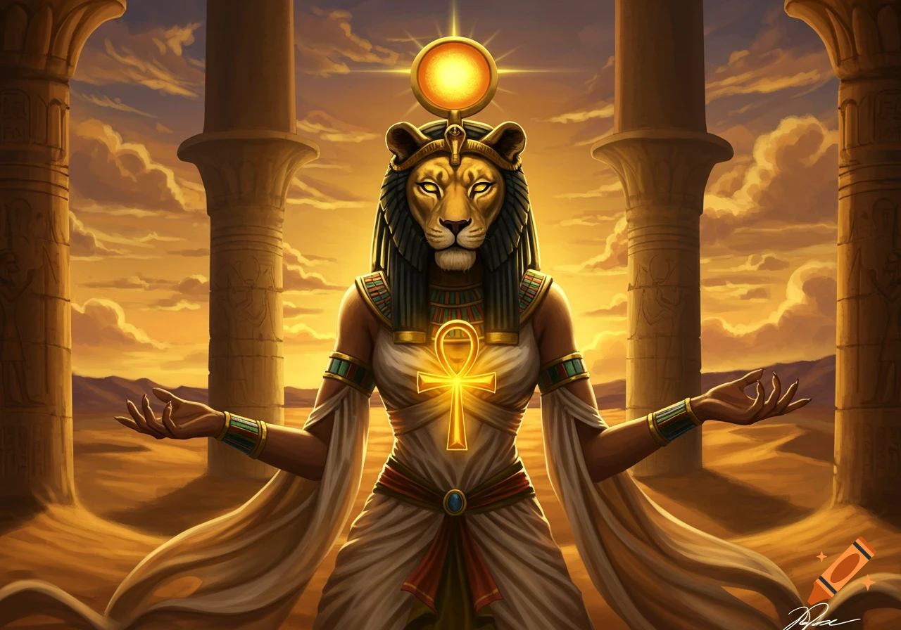 An ancient Egyptian goddess with a lioness head, solar disk headdress, and an ankh symbol, standing between two columns in a golden desert sunset.