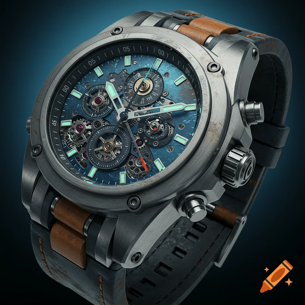 Close-up of a detailed, rugged mechanical wristwatch with a blue skeletonized face, metallic case, and brown leather strap.