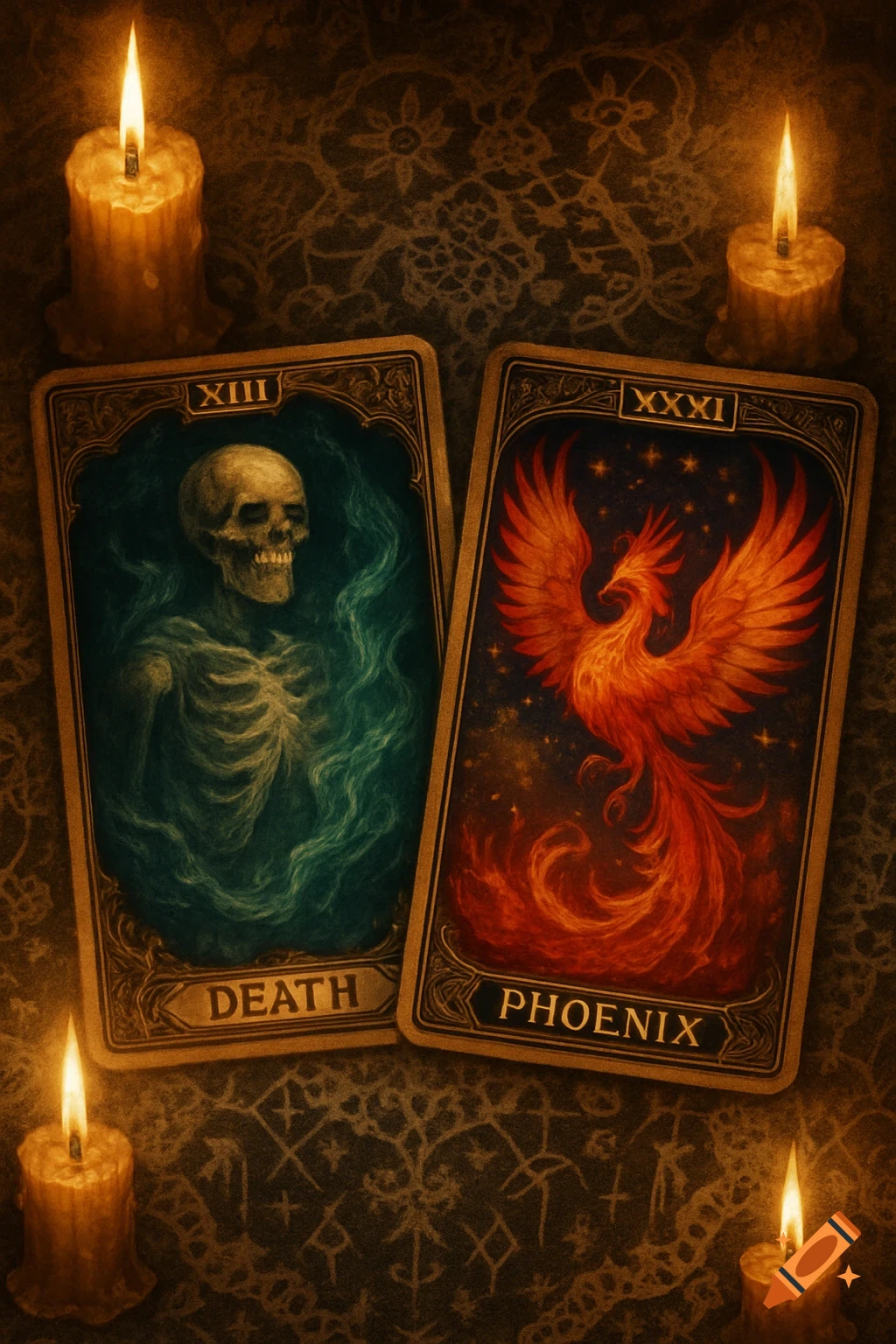 Two tarot cards, Death (skeleton) and Phoenix, lit by candles on a dark, patterned surface in a mystical style.