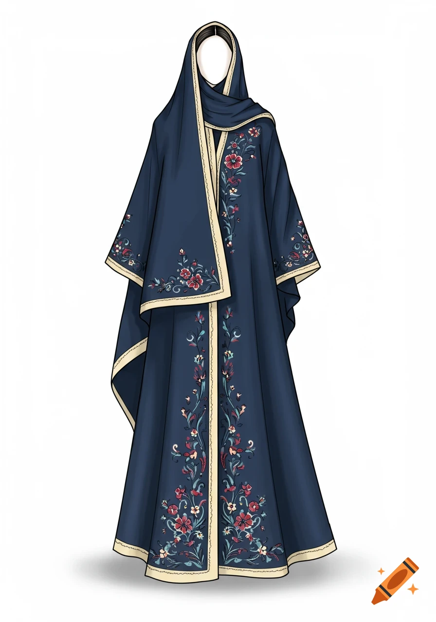 A dark blue traditional abaya with gold trim and colorful floral embroidery, illustrated against a white background.