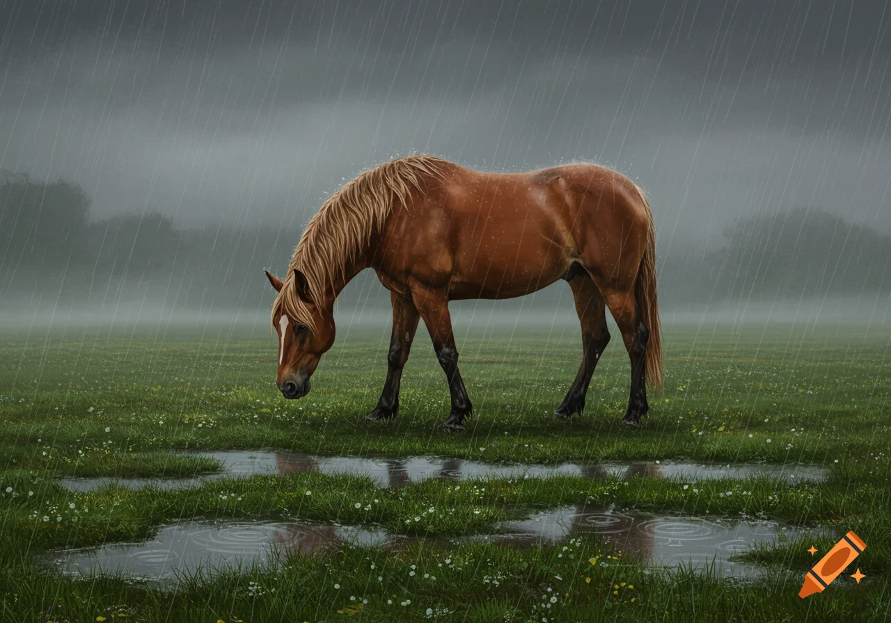 A brown horse with a blonde mane grazes in a wet green field with puddles as rain falls.
