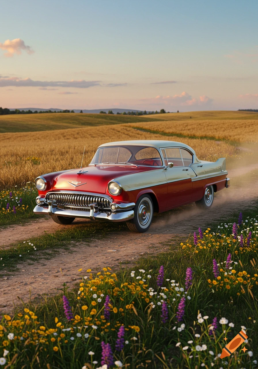 A red and cream vintage car drives on a dirt road through a sunlit field with wheat and wildflowers at sunset.