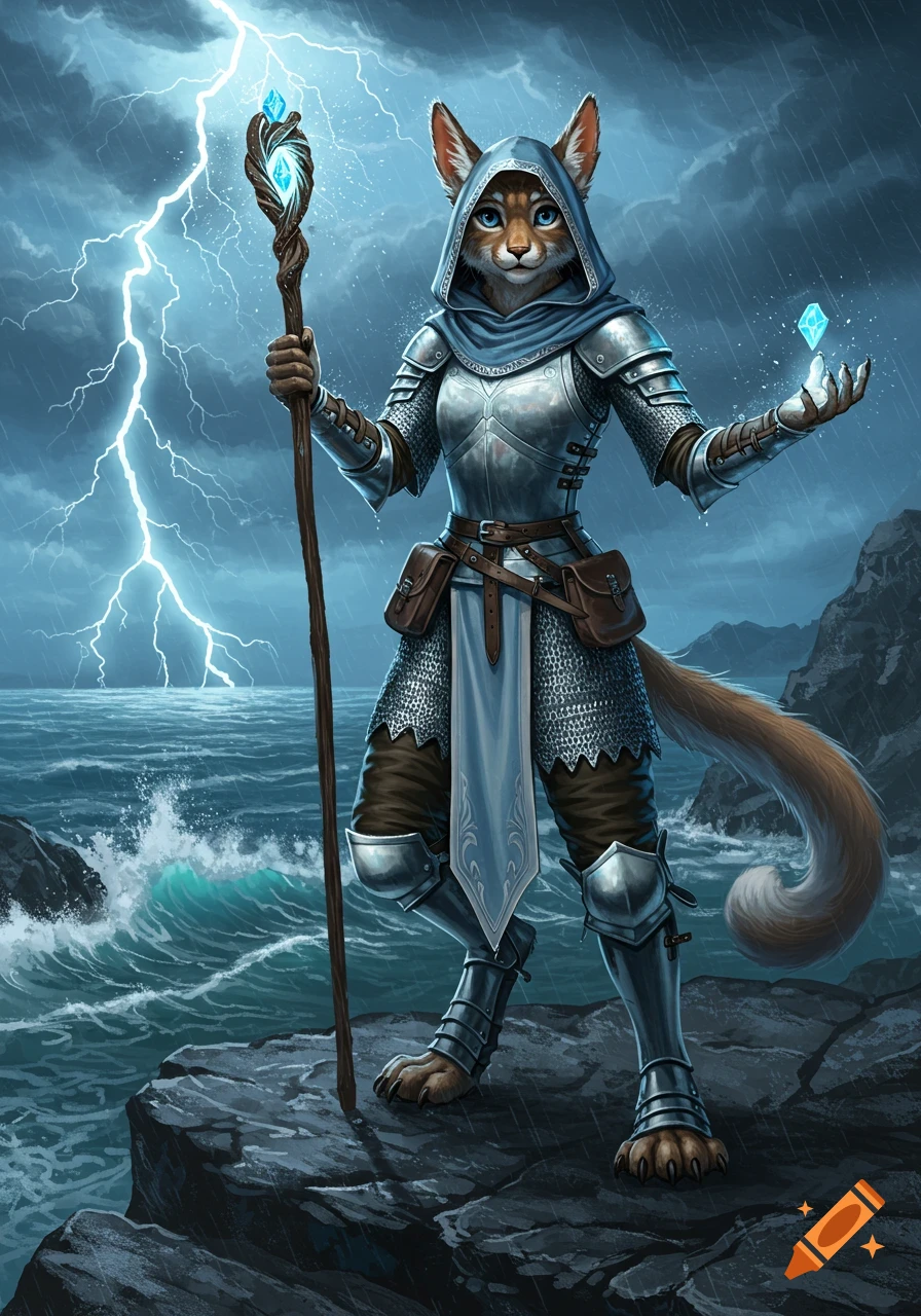 An armored feline cleric stands on a rocky shore during a lightning storm, holding a staff and conjuring a crystal.