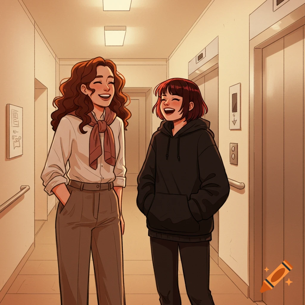 Two women laughing in an elevator hallway in a warm, minimalistic illustration style.
