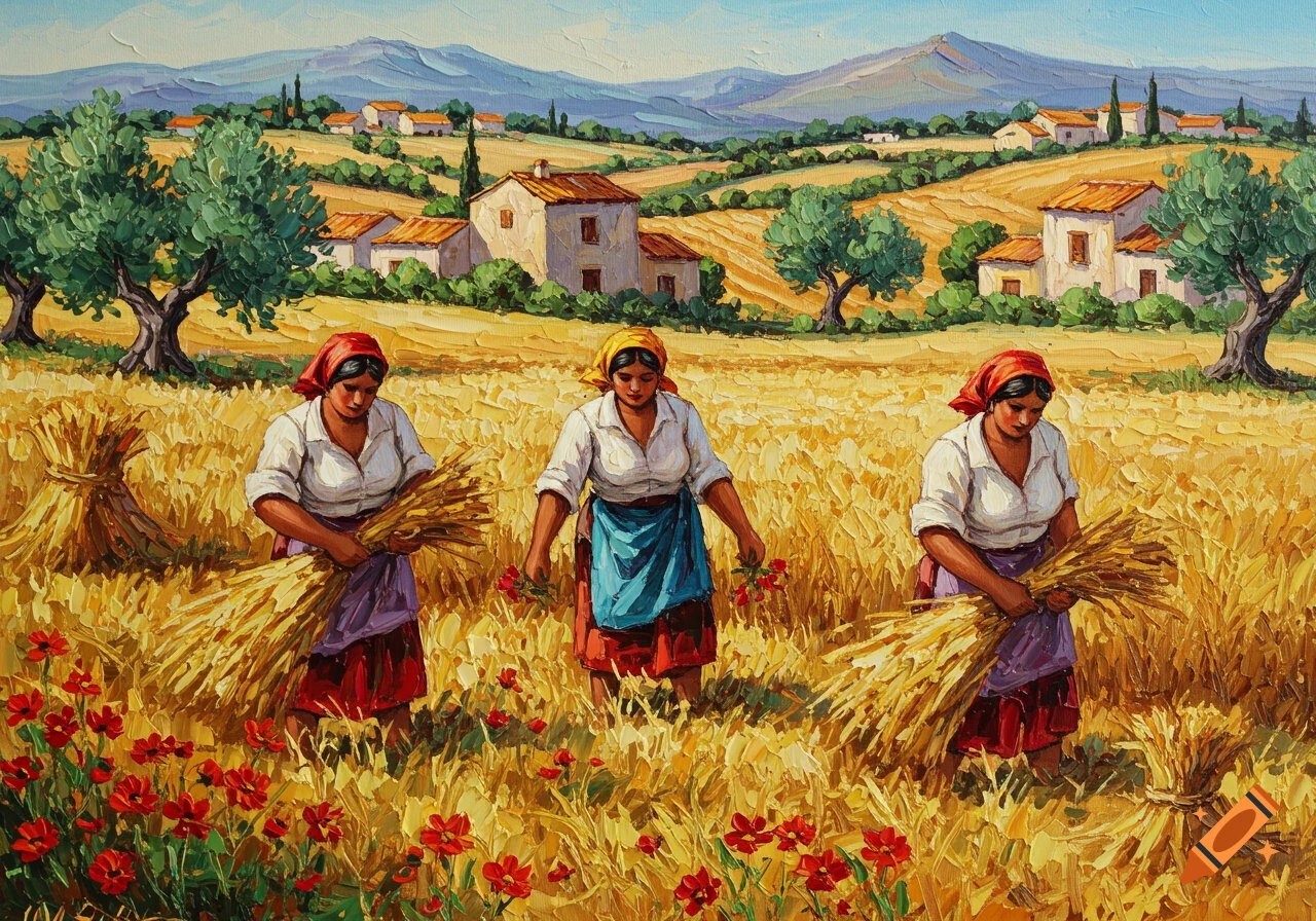 Palette knife painting: Three women harvest golden wheat among red poppies in a rustic field with houses, olive trees, and mountains.