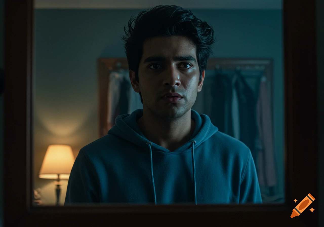 A terrified young man in a blue hoodie looks fearfully into a mirror in a dimly lit bedroom, cinematic horror film still.