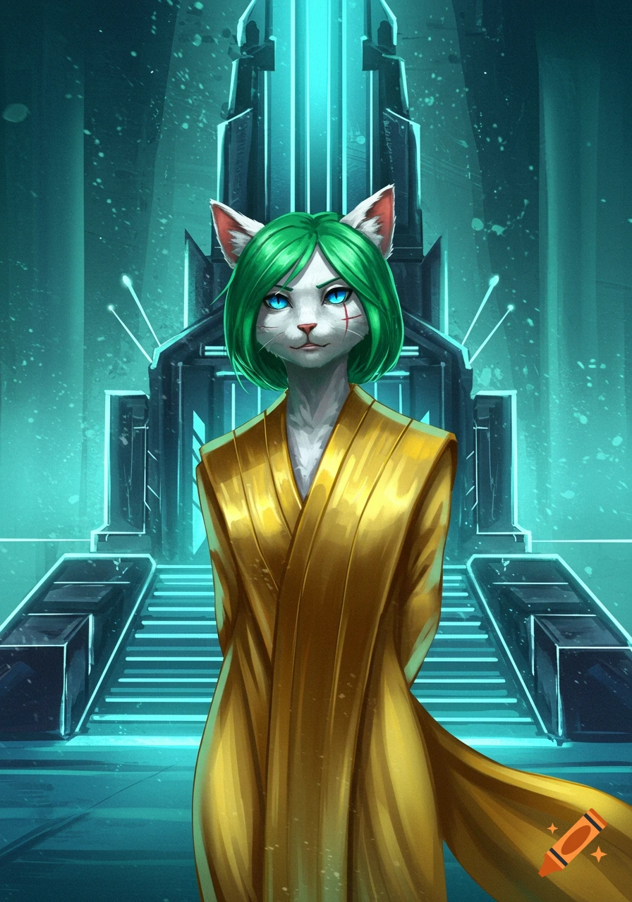 An anime catgirl with green hair, white fur, blue eyes, and a cheek scar stands in golden robes before a glowing futuristic temple.
