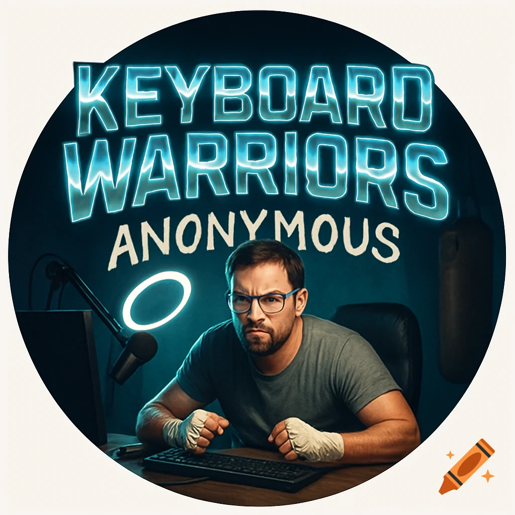 A man with taped knuckles at a computer desk, making a mock tough-guy face under glowing neon text 'KEYBOARD WARRIORS ANONYMOUS' for a satirical gaming logo.