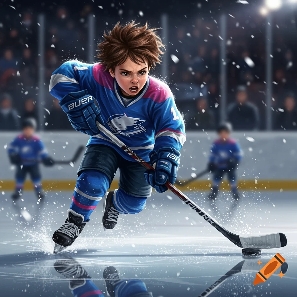 A determined young boy with brown hair playing ice hockey, skating with a stick and puck, surrounded by ice spray in an arena.