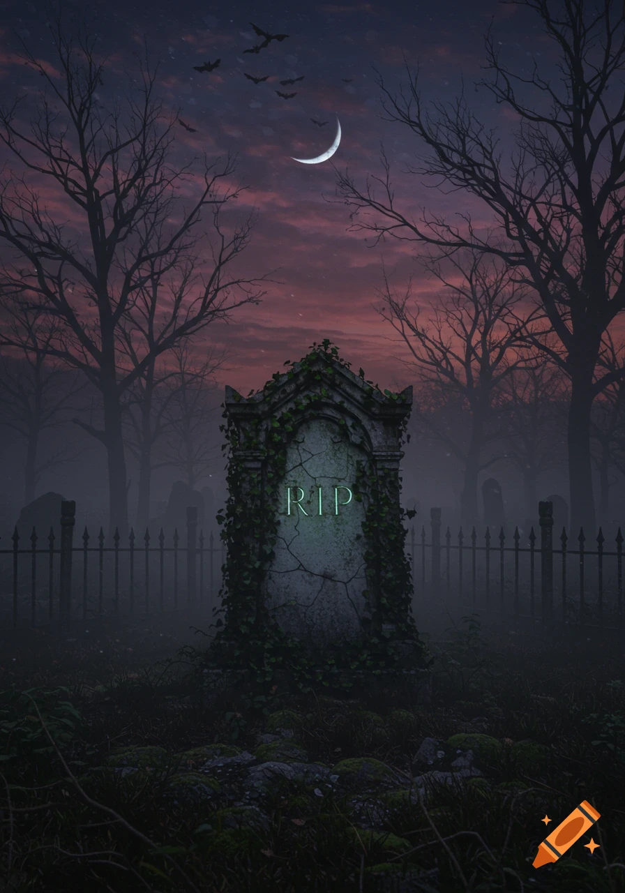 A gothic cemetery scene at dusk with an ivy-covered tombstone, glowing "RIP" text, bare trees, a crescent moon, and bats flying.