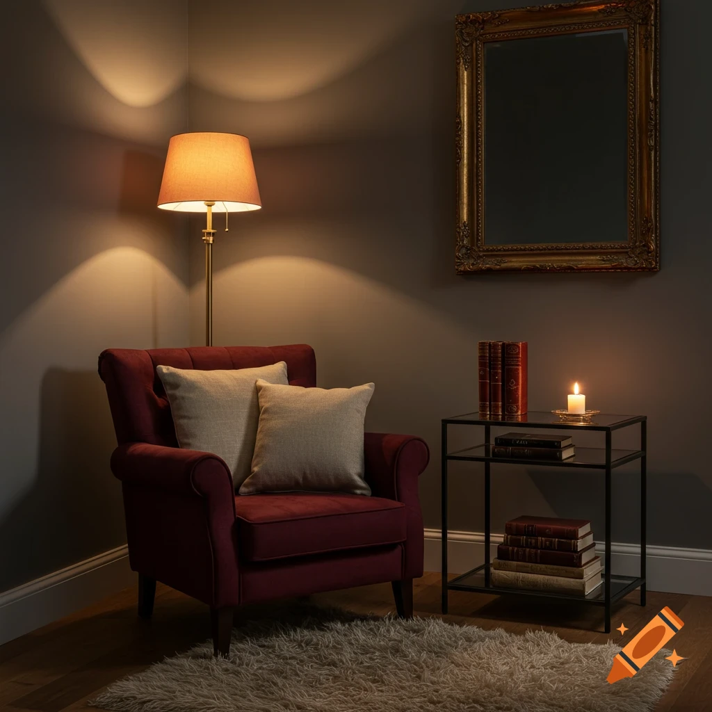 Cozy reading nook with a burgundy armchair, floor lamp, side table with books, candle, and ornate mirror on a gray wall.