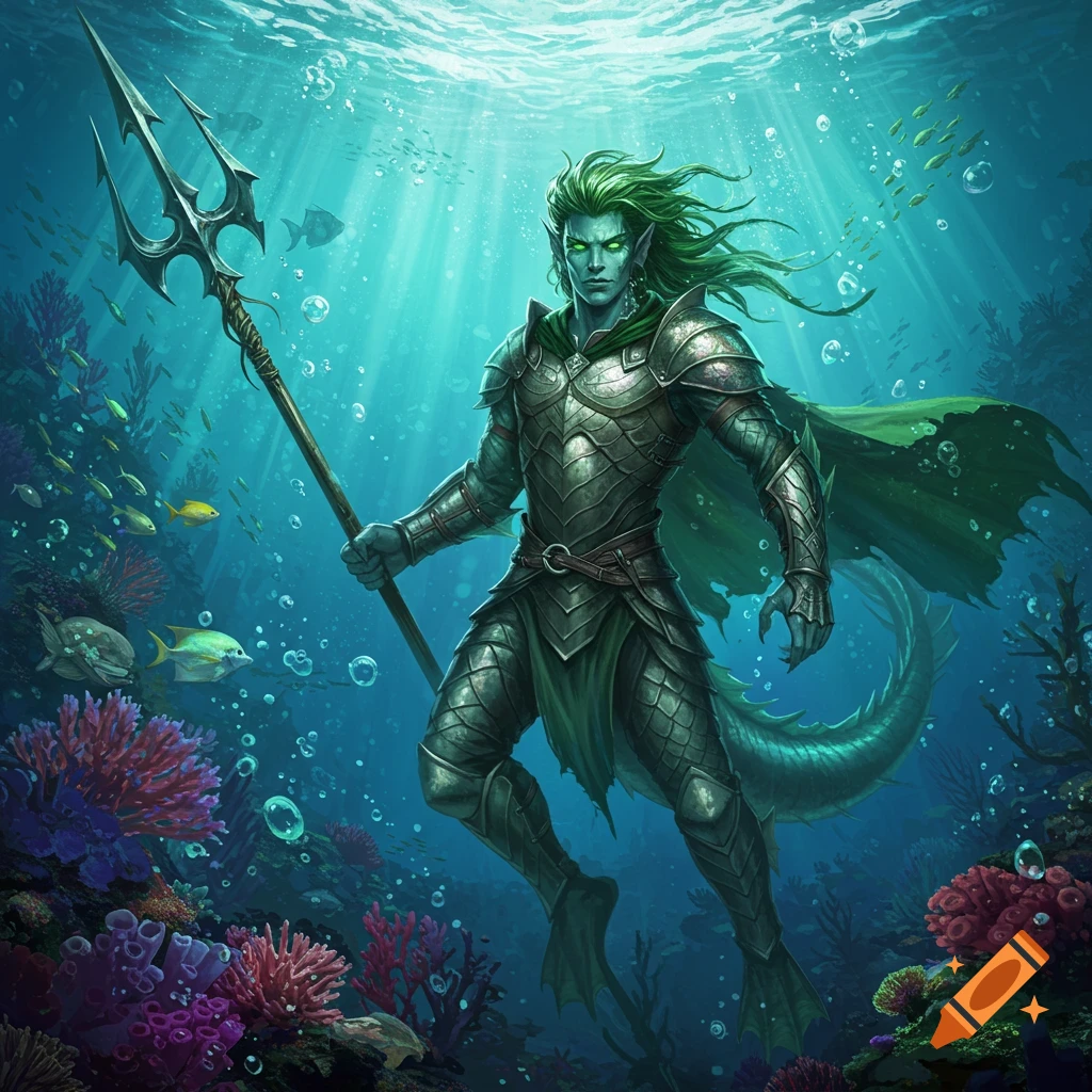An armored sea-elf warrior with green hair and glowing eyes holds a trident underwater amidst coral and fish.